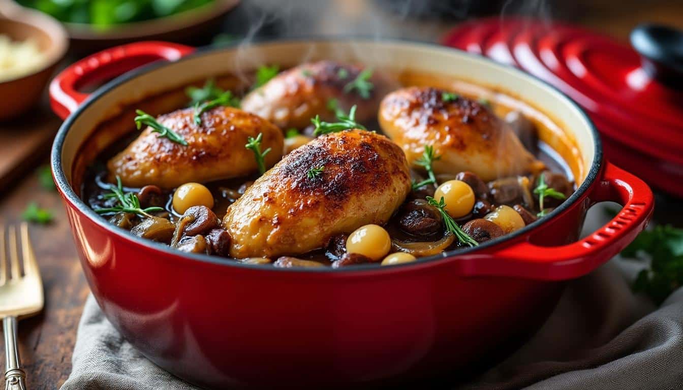 découvrez notre recette du coq au vin en cocotte le creuset, pour un plat fondant et savoureux garanti. parfait pour régaler toute la famille avec authenticité et simplicité.