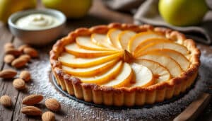 découvrez la recette de la tarte amandine aux poires, alliant une crème d'amande onctueuse et des poires fondantes pour un dessert délicieux et gourmand.