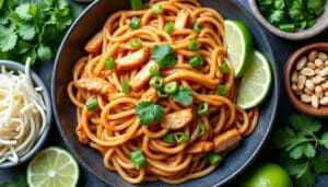découvrez la recette authentique du pad thaï au poulet, avec une sauce savoureuse et des nouilles de riz parfaites pour un plat thaïlandais maison délicieux et facile à préparer.