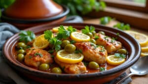 découvrez la recette authentique du poulet aux olives marocain, sublimé par le citron confit et une cuisson lente pour des saveurs riches et savoureuses.