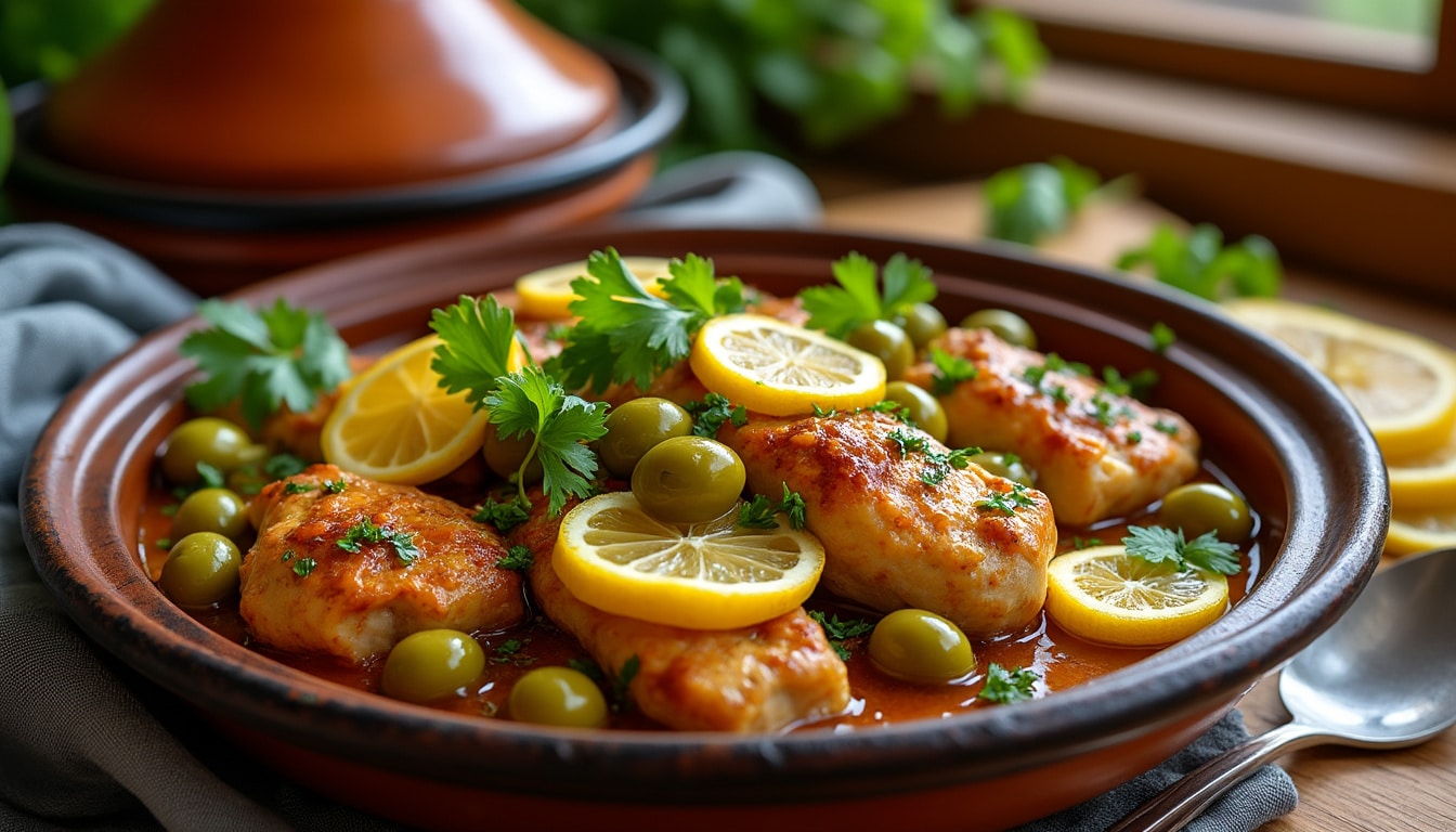découvrez la recette authentique du poulet aux olives marocain, sublimé par le citron confit et une cuisson lente pour des saveurs riches et savoureuses.