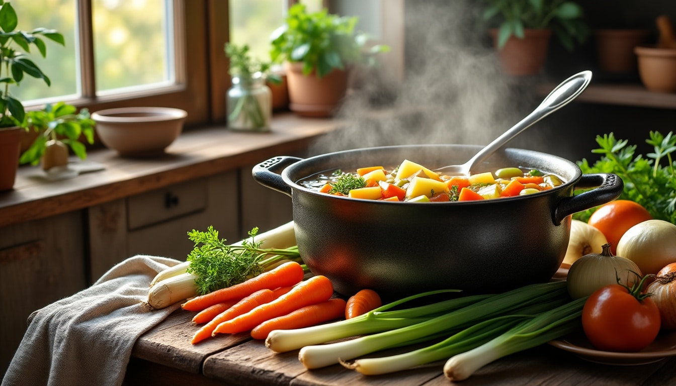 découvrez la recette traditionnelle de la soupe de légumes de grand-mère, une préparation savoureuse et écologique qui utilise chaque ingrédient sans gaspillage.
