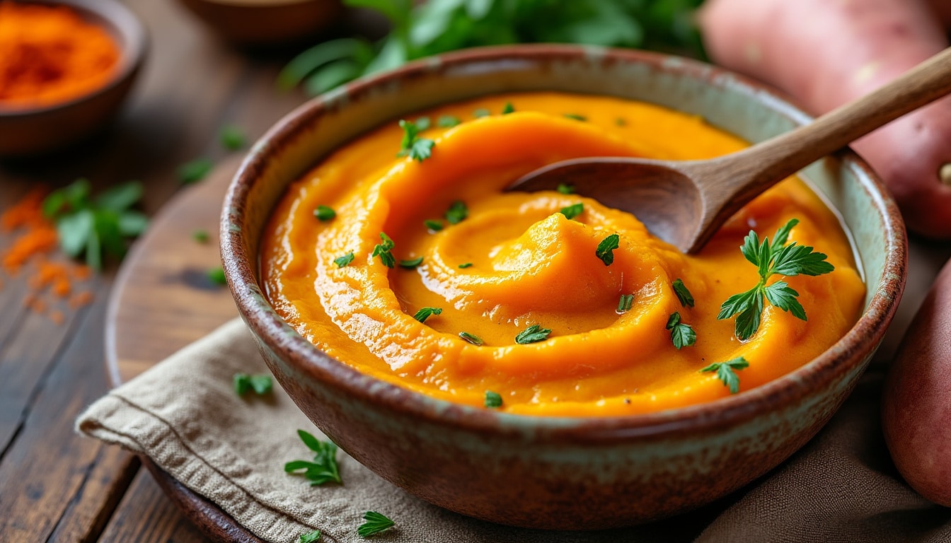 découvrez notre recette facile de purée de patates douces onctueuse et savoureuse, idéale pour accompagner vos plats avec une touche légèrement relevée.