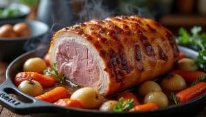découvrez la recette de la rouelle de porc au four, parfaite pour une cuisson lente qui garantit une viande tendre, accompagnée d'un délicieux jus de cuisson savoureux.