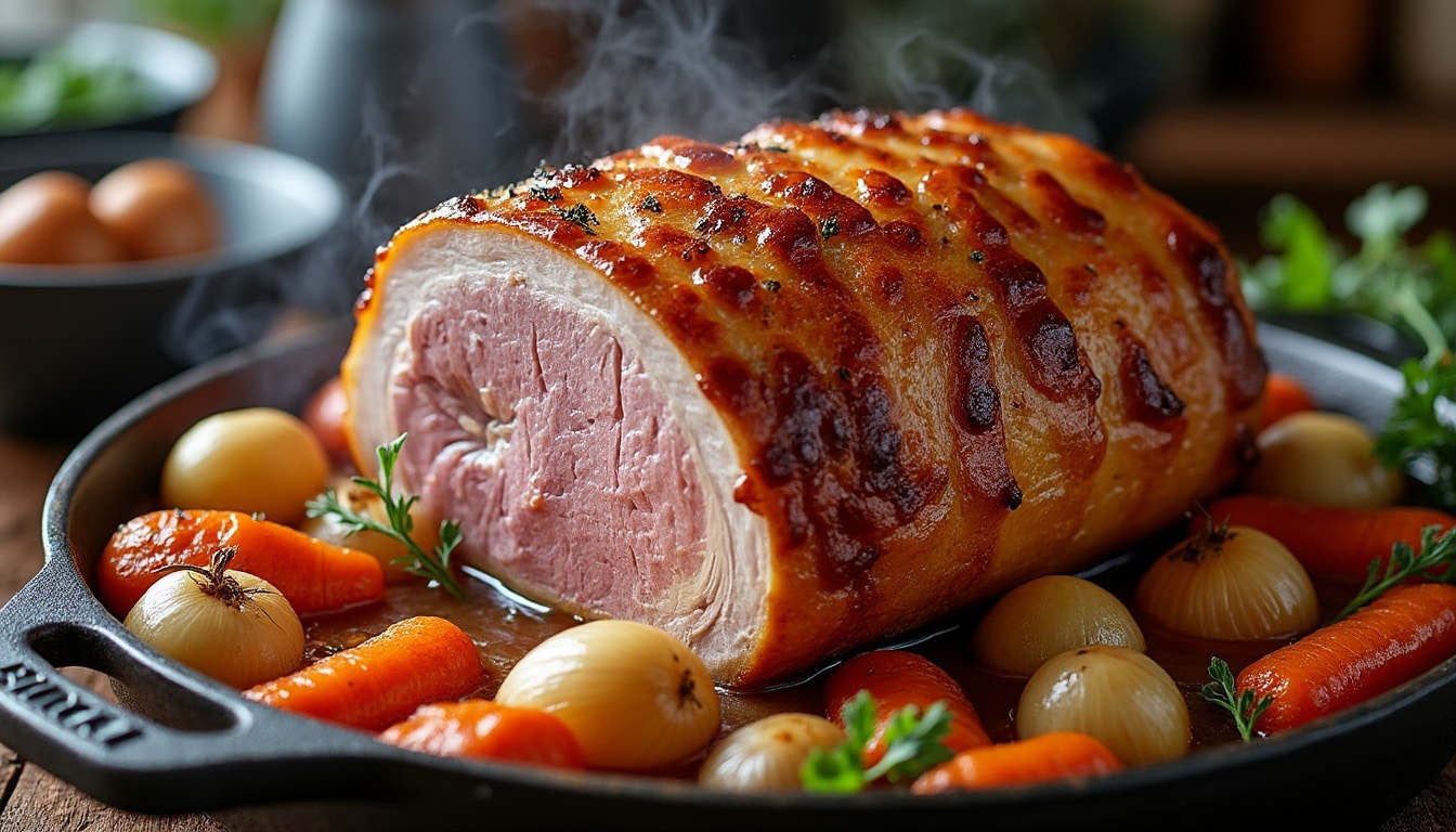 découvrez la recette de la rouelle de porc au four, parfaite pour une cuisson lente qui garantit une viande tendre, accompagnée d'un délicieux jus de cuisson savoureux.