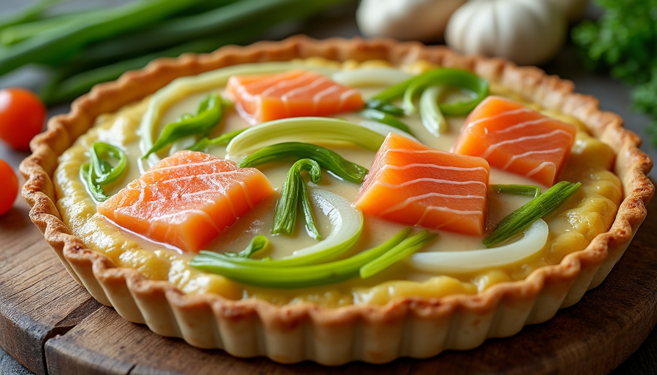 découvrez notre recette facile de tarte poireaux-saumon avec une fondue de poireaux onctueuse et un appareil savoureux pour un repas gourmand et équilibré.