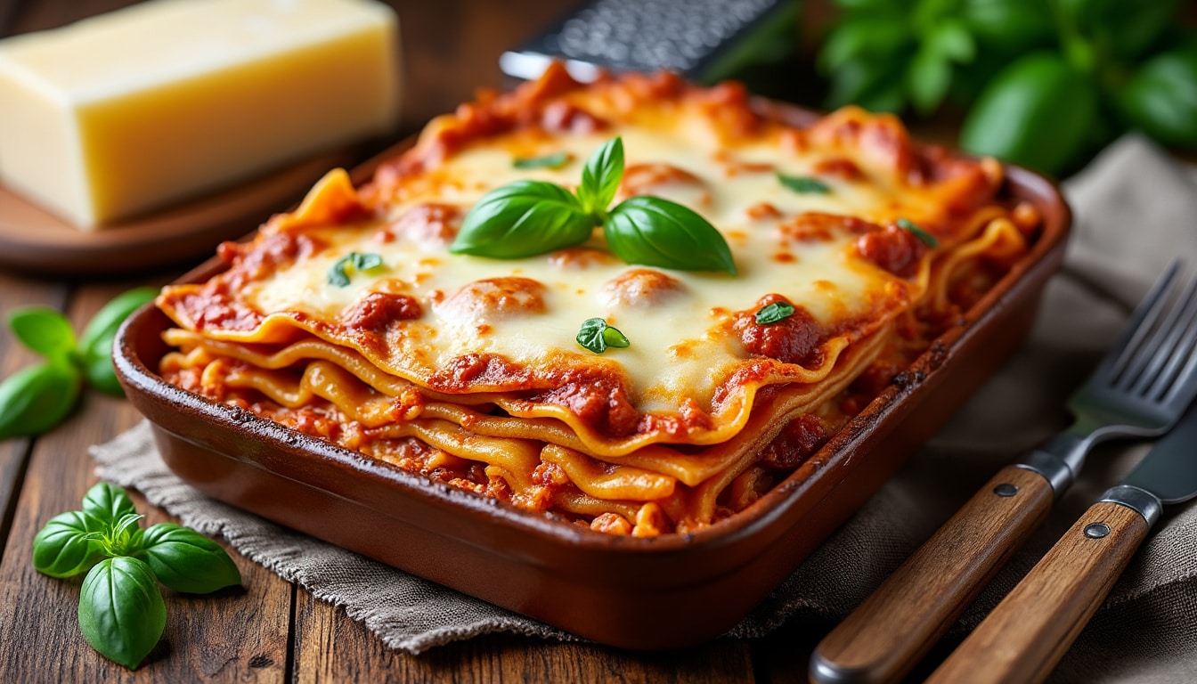 découvrez la recette traditionnelle des lasagnes à la bolognaise avec une sauce mijotée longuement et une béchamel onctueuse pour un plat savoureux et gourmand.