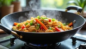 découvrez la recette rapide et savoureuse des nouilles sautées au poulet, préparée au wok en seulement 15 minutes pour un repas délicieux et facile.