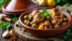 découvrez la recette traditionnelle du tajine de poulet aux olives et citron confit, préparée en cuisson lente pour des saveurs authentiques et délicieuses.