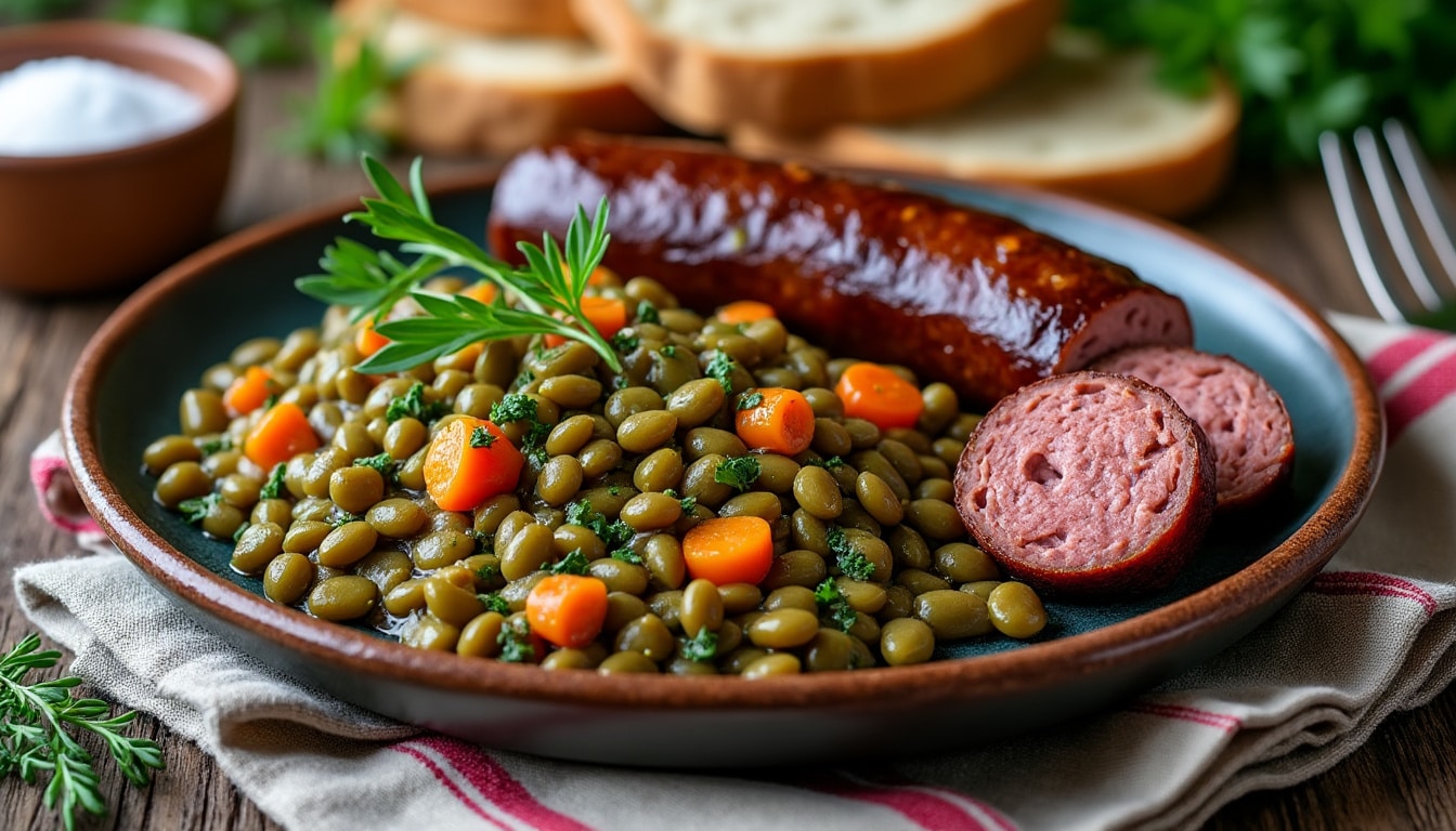 découvrez la recette traditionnelle des lentilles accompagnées de la savoureuse saucisse de morteau, un plat emblématique de la région comtoise, parfait pour un repas convivial et réconfortant.