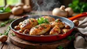 découvrez une recette facile de poulet aux champignons sans crème, avec une sauce savoureuse liée au bouillon pour un plat léger et gourmand.