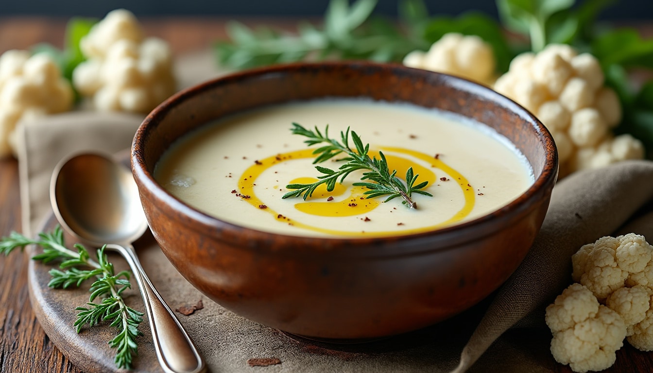 découvrez la recette de velouté de chou-fleur du chef, alliant une texture soyeuse et un goût délicat pour un plat réconfortant et raffiné.